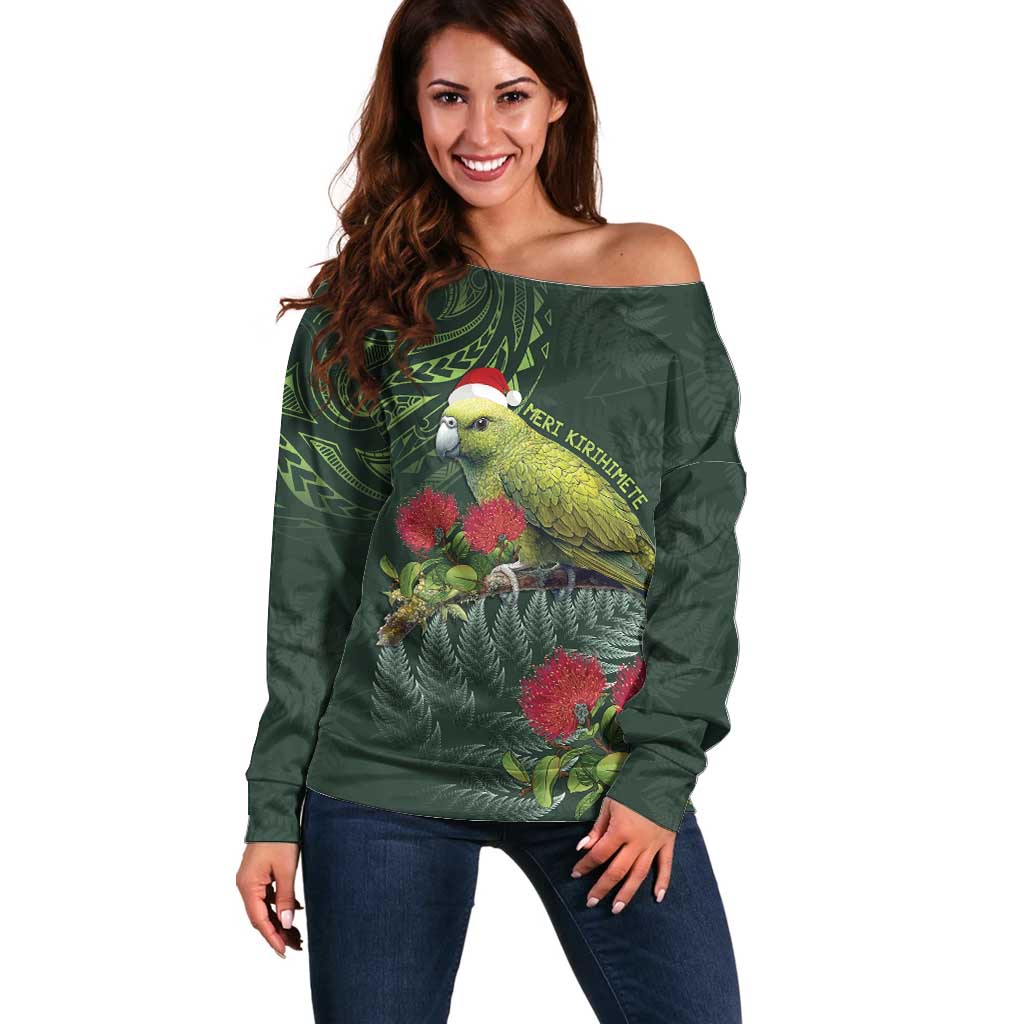 Meri Kirihimete Kakapo Off Shoulder Sweater Green Silver Fern Christmas Vibe