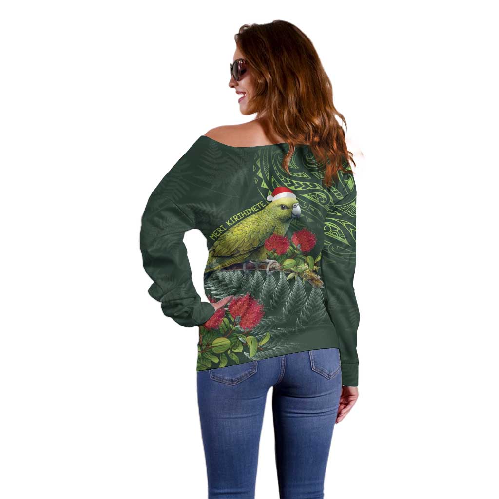 Meri Kirihimete Kakapo Off Shoulder Sweater Green Silver Fern Christmas Vibe