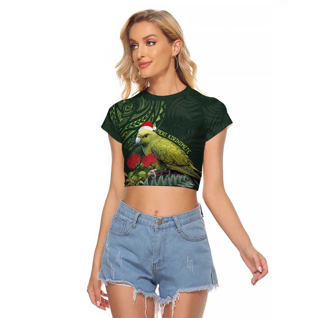 Meri Kirihimete Kakapo Raglan Cropped T Shirt Green Silver Fern Christmas Vibe LT9 Female Green - Polynesian Pride