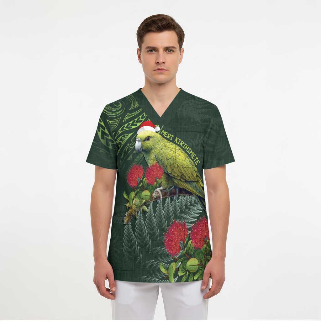 Meri Kirihimete Kakapo Scrub Top Green Silver Fern Christmas Vibe - Polynesian Pride
