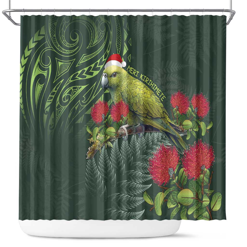 Meri Kirihimete Kakapo Shower Curtain Green Silver Fern Christmas Vibe