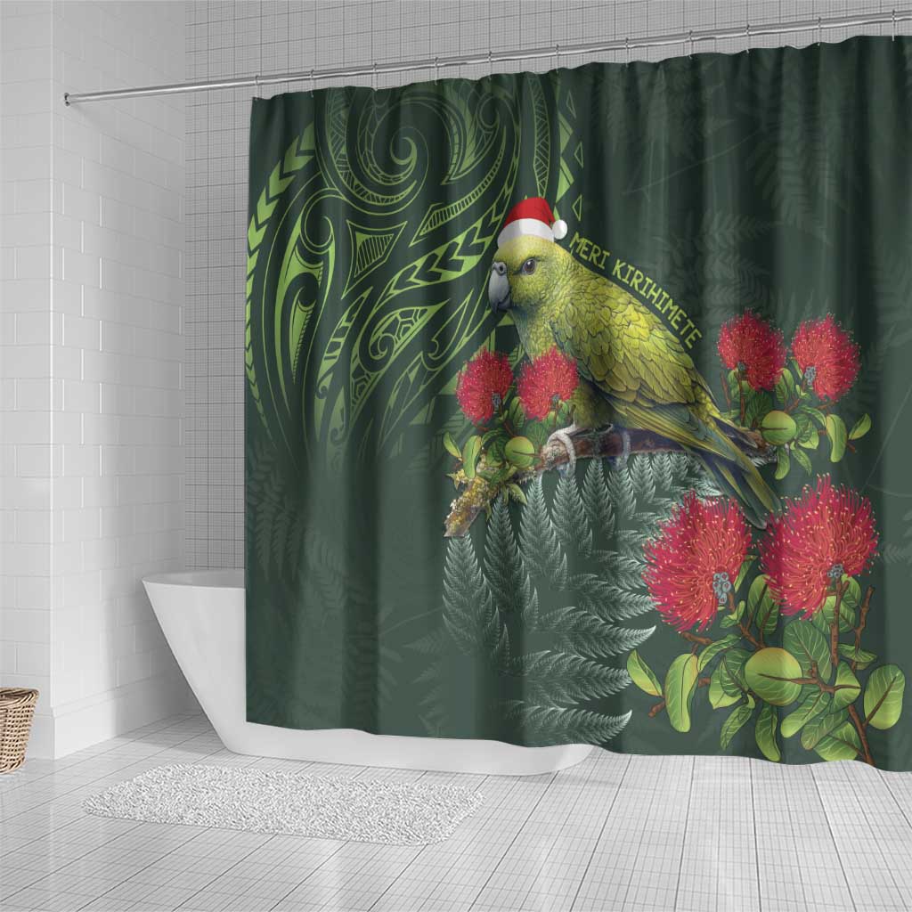 Meri Kirihimete Kakapo Shower Curtain Green Silver Fern Christmas Vibe LT9 - Polynesian Pride