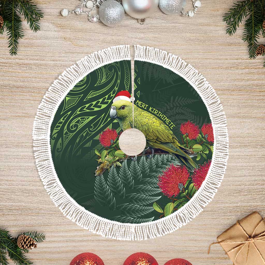 Meri Kirihimete Kakapo Tree Skirt Green Silver Fern Christmas Vibe LT9 Fringed Green - Polynesian Pride