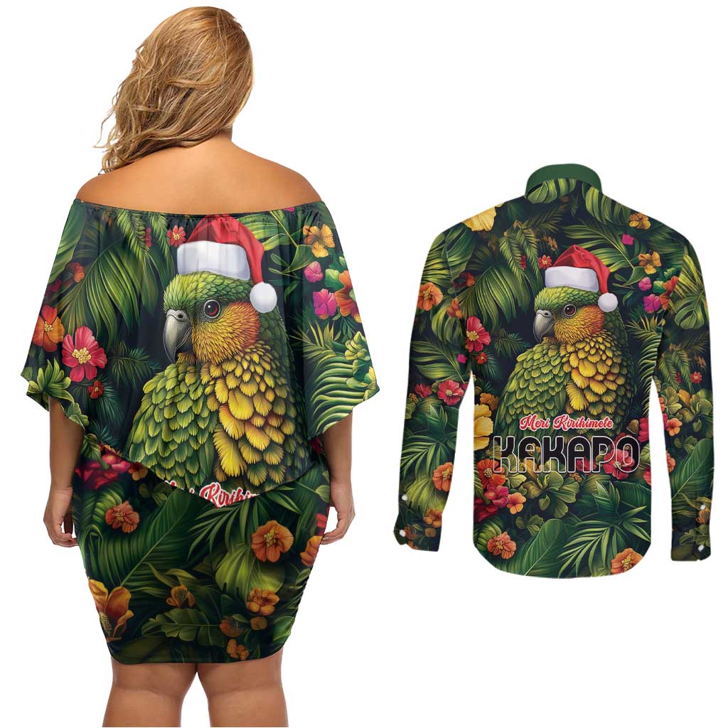Meri Kirihimete Kakapo Couples Matching Off Shoulder Short Dress and Long Sleeve Button Shirt New Zealand Christmas with Tropical Vibe