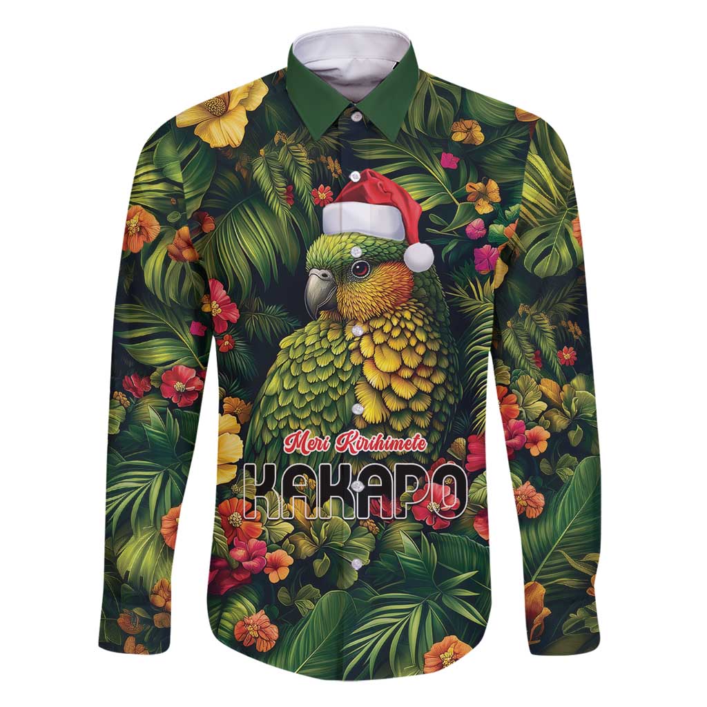 Meri Kirihimete Kakapo Family Matching Off Shoulder Short Dress and Hawaiian Shirt New Zealand Christmas with Tropical Vibe LT9 Dad's Shirt - Long Sleeve Green - Polynesian Pride
