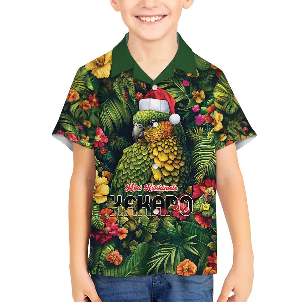 Meri Kirihimete Kakapo Family Matching Off Shoulder Short Dress and Hawaiian Shirt New Zealand Christmas with Tropical Vibe LT9 Son's Shirt Green - Polynesian Pride