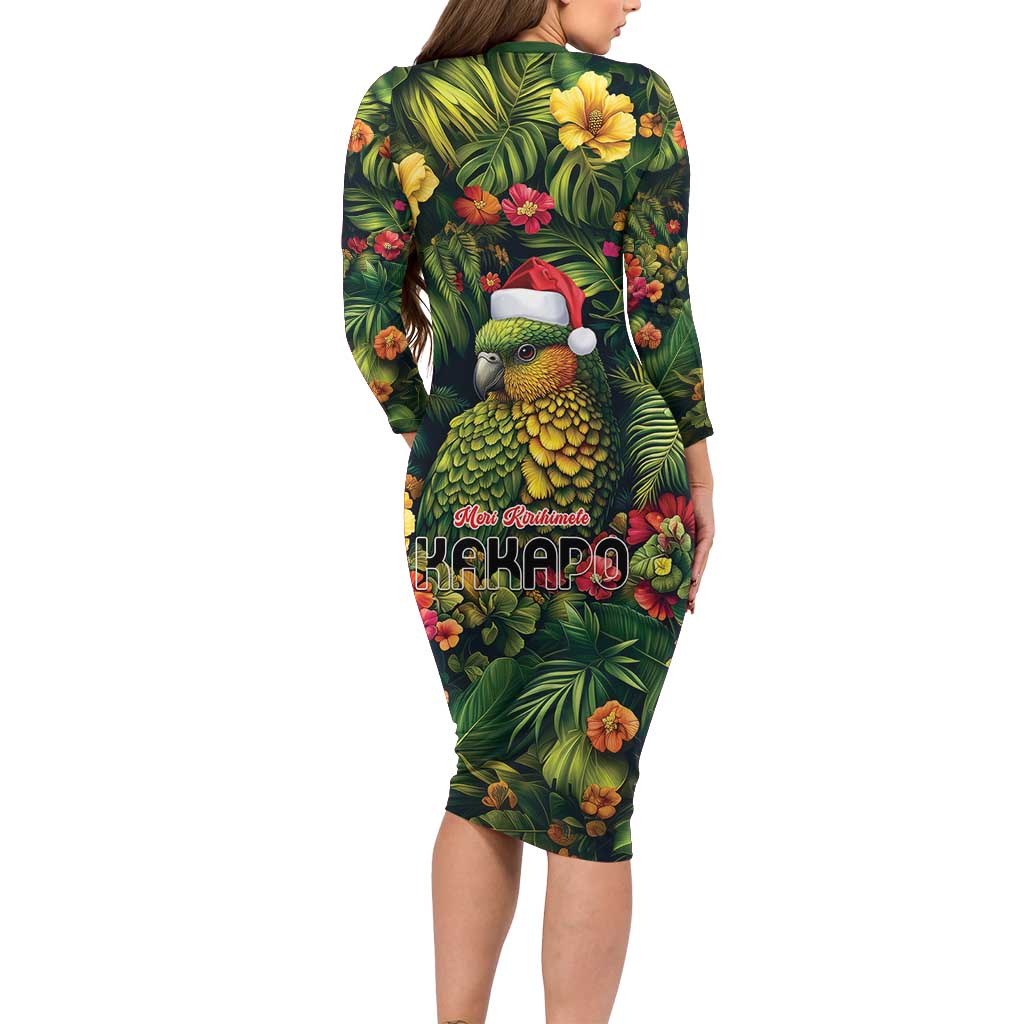 Meri Kirihimete Kakapo Long Sleeve Bodycon Dress New Zealand Christmas with Tropical Vibe