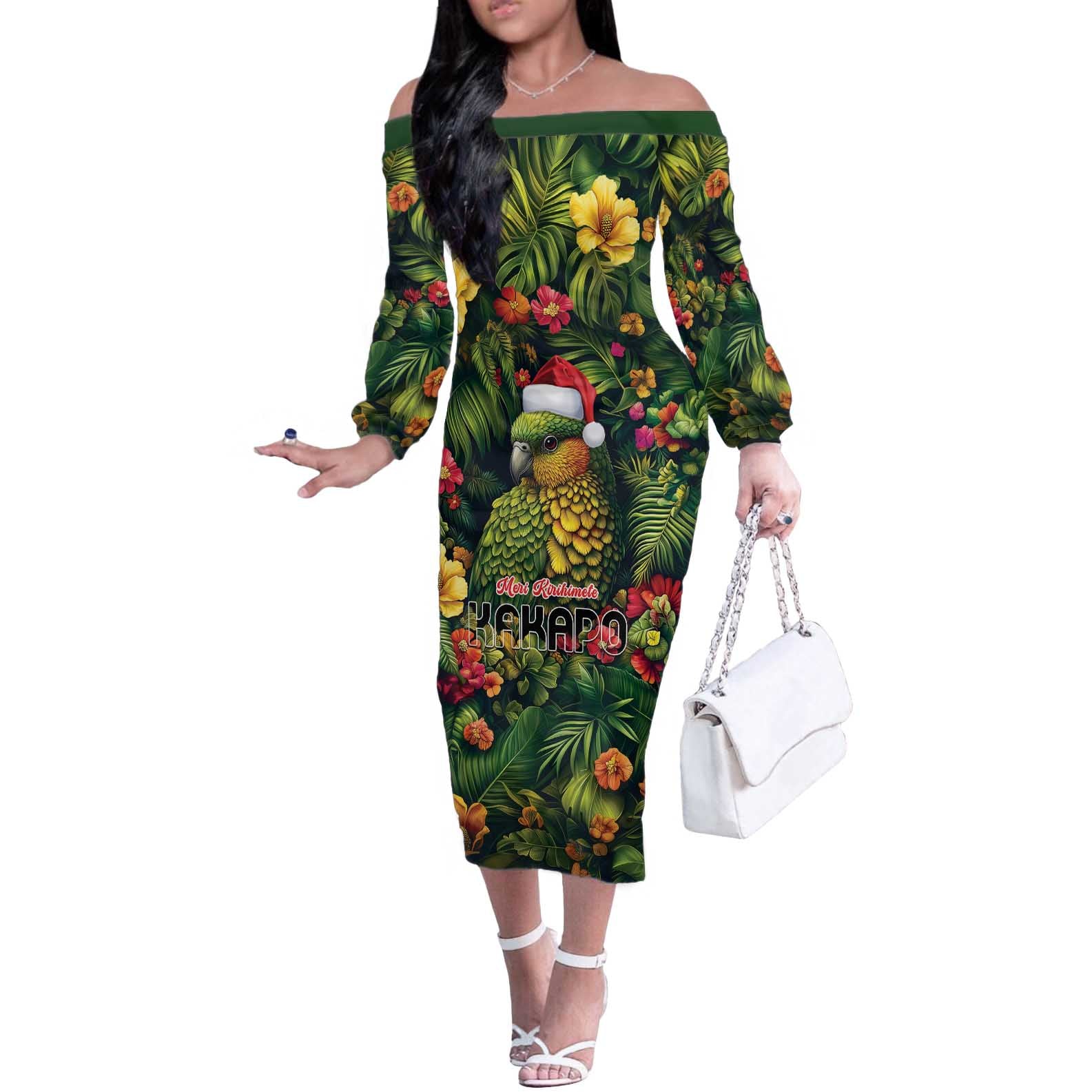 Meri Kirihimete Kakapo Off The Shoulder Long Sleeve Dress New Zealand Christmas with Tropical Vibe