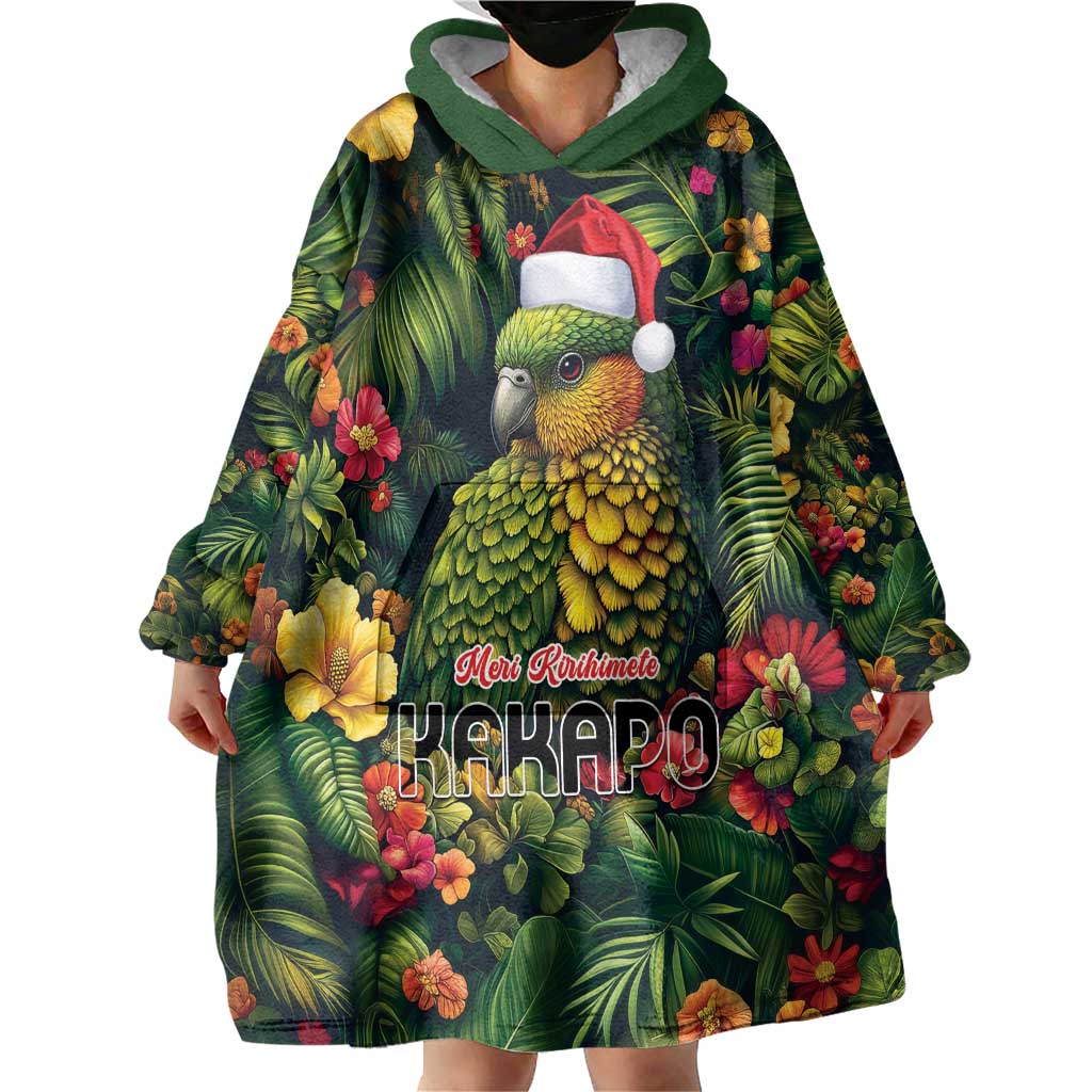 Meri Kirihimete Kakapo Wearable Blanket Hoodie New Zealand Christmas with Tropical Vibe