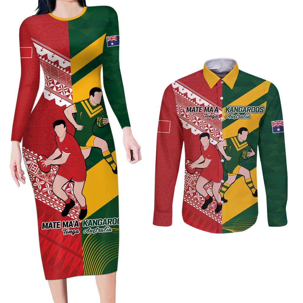 Australia-Tonga Rugby Pacific Custom Couples Matching Long Sleeve Bodycon Dress and Long Sleeve Button Shirt The Kangaroos and Mate Ma'a Tonga
