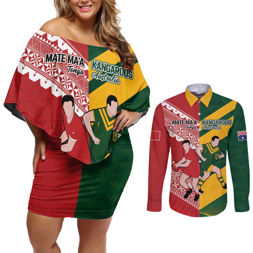 Australia-Tonga Rugby Pacific Custom Couples Matching Off Shoulder Short Dress and Long Sleeve Button Shirt The Kangaroos and Mate Ma'a Tonga