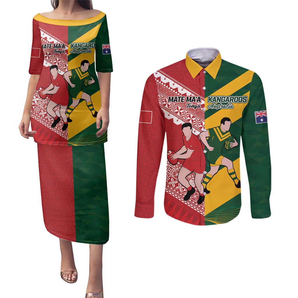 Australia-Tonga Rugby Pacific Custom Couples Matching Puletasi and Long Sleeve Button Shirt The Kangaroos and Mate Ma'a Tonga