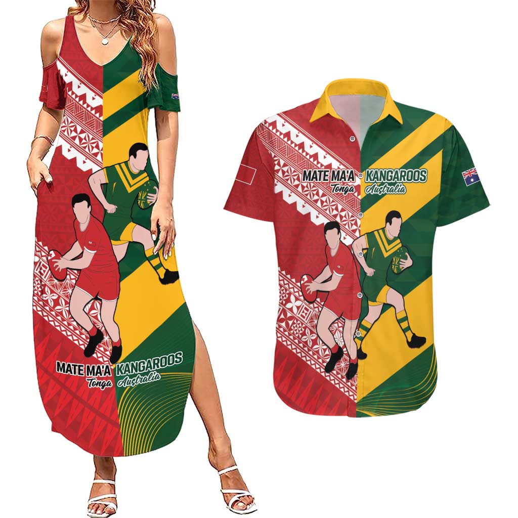 Australia-Tonga Rugby Pacific Custom Couples Matching Summer Maxi Dress and Hawaiian Shirt The Kangaroos and Mate Ma'a Tonga