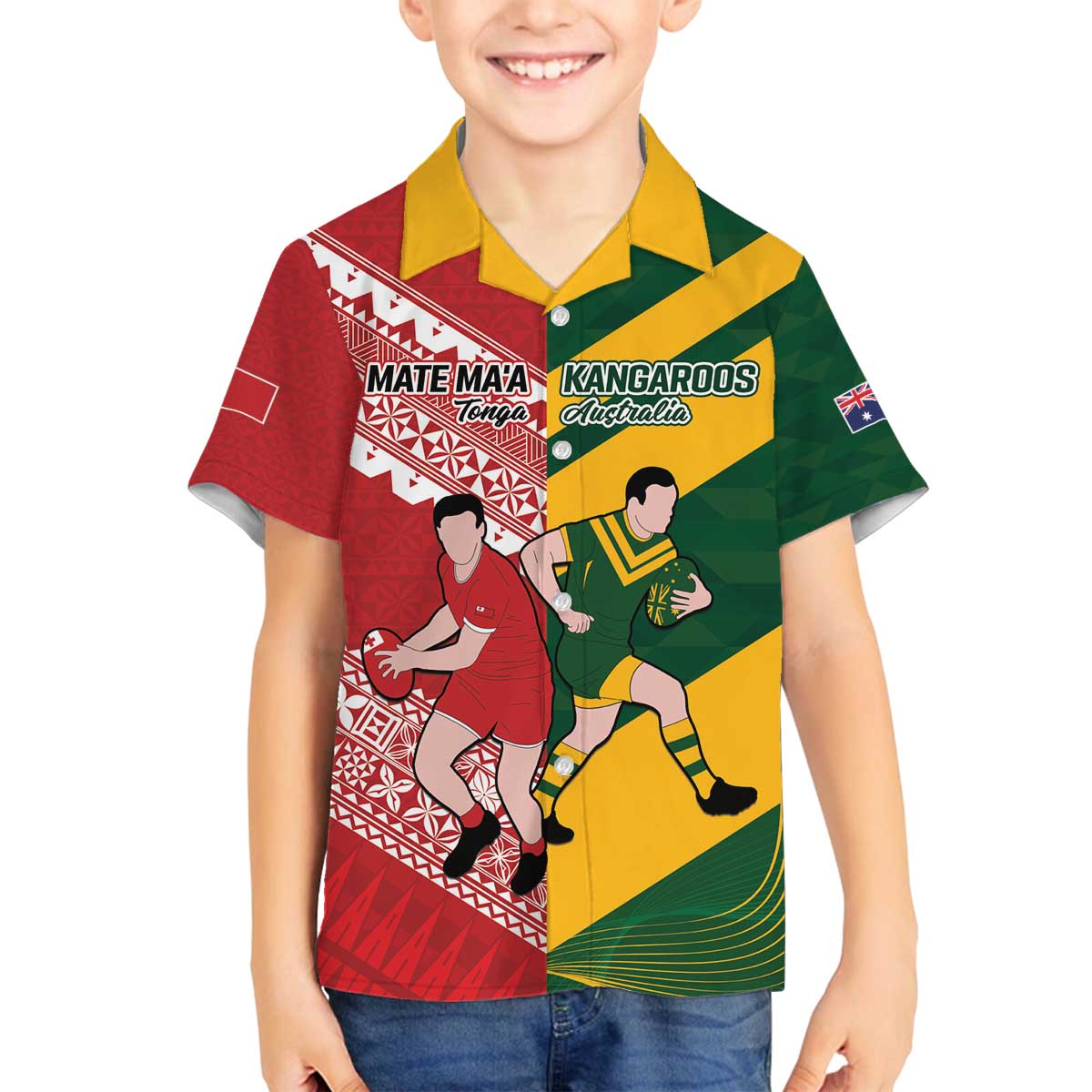 Australia-Tonga Rugby Pacific Custom Family Matching Off The Shoulder Long Sleeve Dress and Hawaiian Shirt The Kangaroos and Mate Ma'a Tonga LT9 Son's Shirt Red-Green - Polynesian Pride