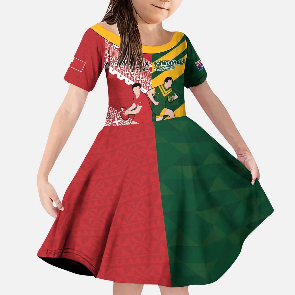 Australia-Tonga Rugby Pacific Custom Family Matching Puletasi and Hawaiian Shirt The Kangaroos and Mate Ma'a Tonga LT9 Daughter's Dress Red-Green - Polynesian Pride