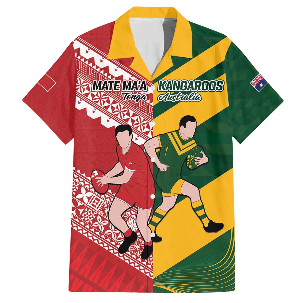 Australia-Tonga Rugby Pacific Custom Family Matching Puletasi and Hawaiian Shirt The Kangaroos and Mate Ma'a Tonga LT9 Dad's Shirt - Short Sleeve Red-Green - Polynesian Pride