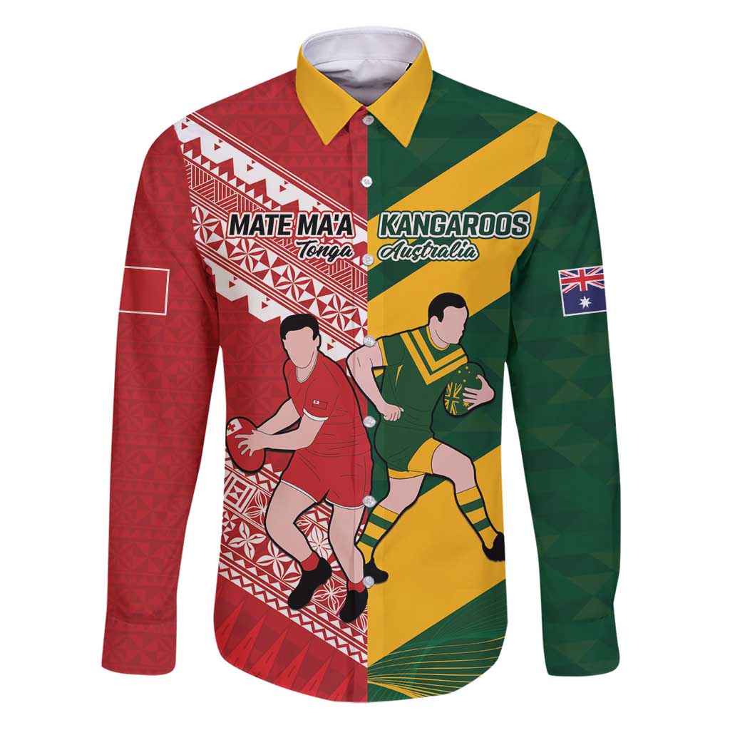 Australia-Tonga Rugby Pacific Custom Family Matching Puletasi and Hawaiian Shirt The Kangaroos and Mate Ma'a Tonga LT9 Dad's Shirt - Long Sleeve Red-Green - Polynesian Pride
