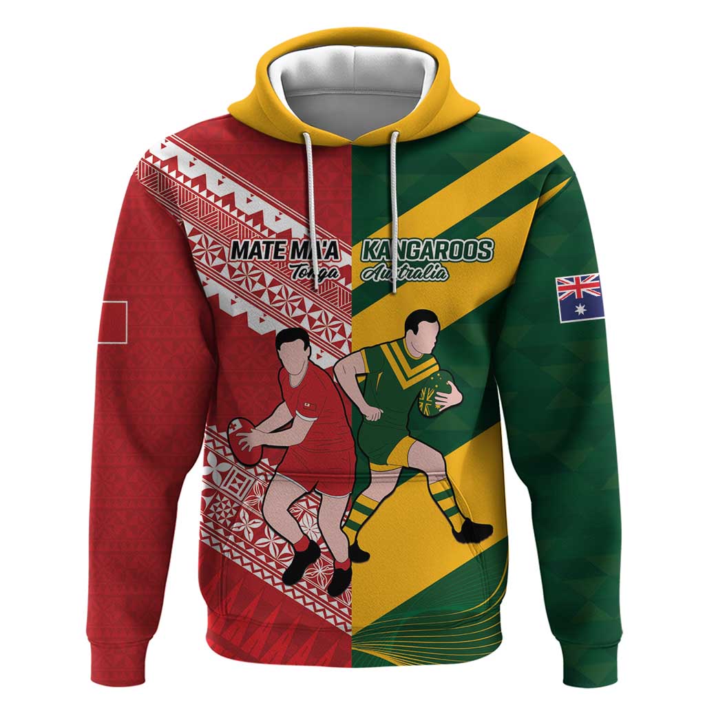 Australia-Tonga Rugby Pacific Custom Hoodie The Kangaroos and Mate Ma'a Tonga LT9 Pullover Hoodie Red-Green - Polynesian Pride