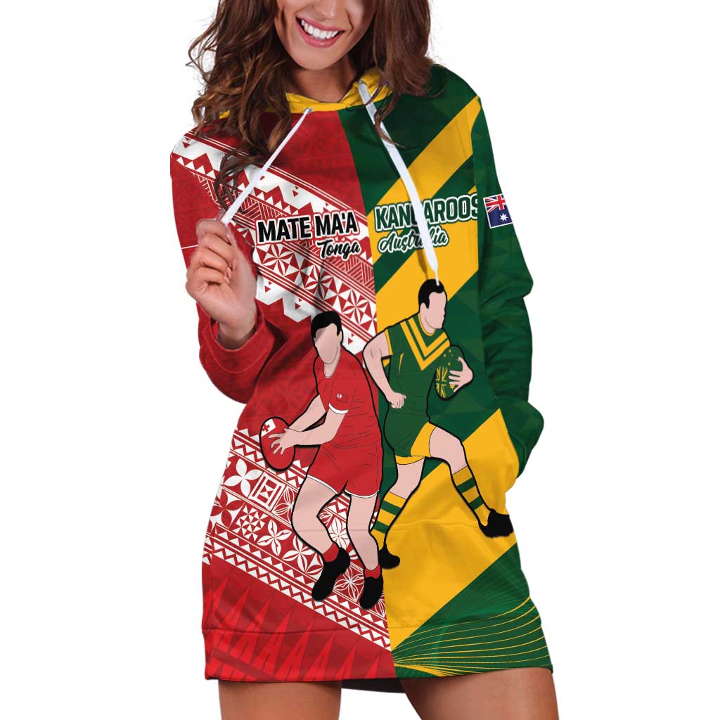 Australia-Tonga Rugby Pacific Custom Hoodie Dress The Kangaroos and Mate Ma'a Tonga LT9 Red-Green - Polynesian Pride
