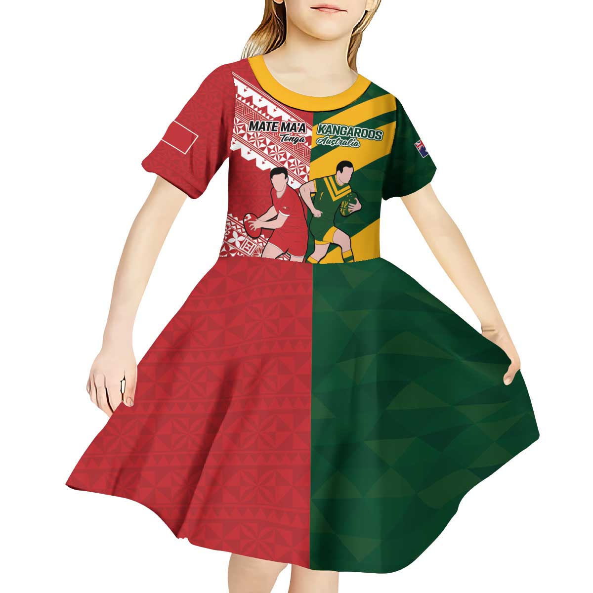 Australia-Tonga Rugby Pacific Custom Kid Short Sleeve Dress The Kangaroos and Mate Ma'a Tonga