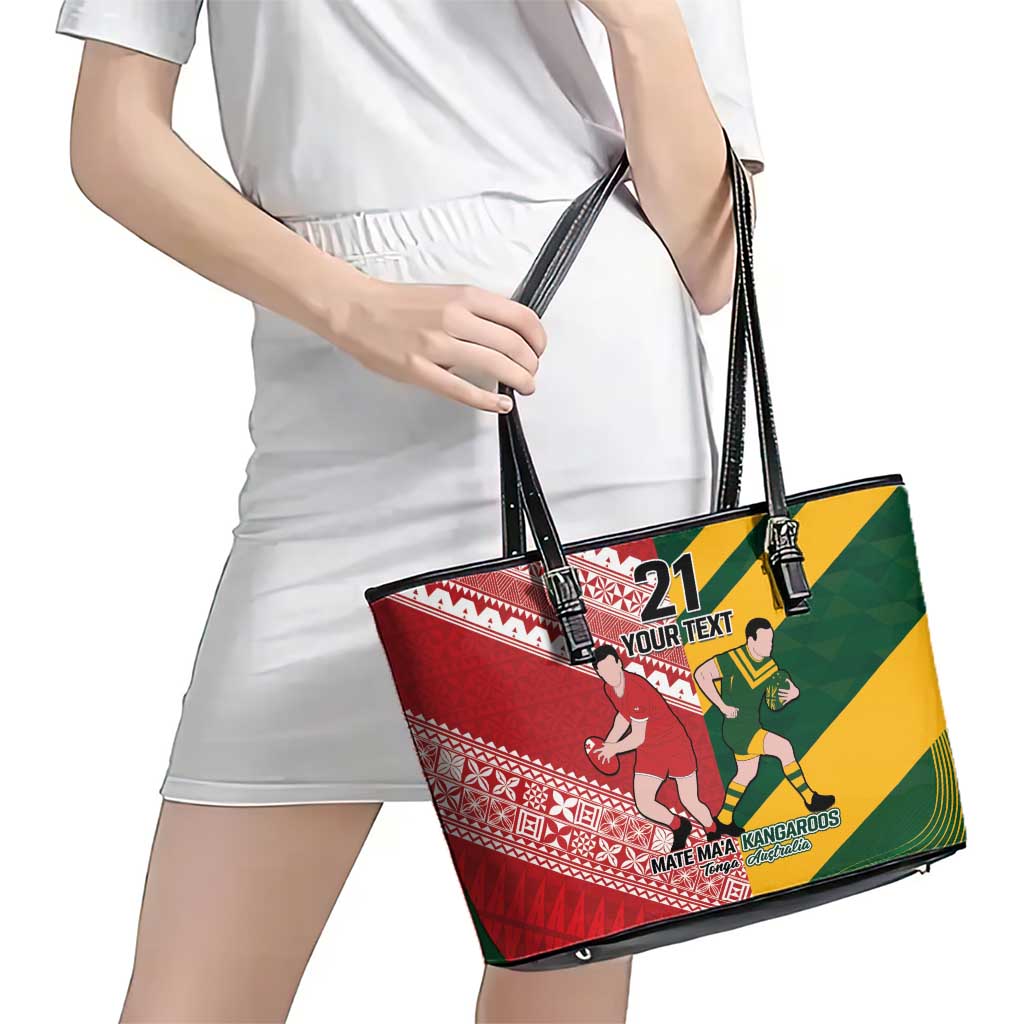 Australia-Tonga Rugby Pacific Custom Leather Tote Bag The Kangaroos and Mate Ma'a Tonga LT9 - Polynesian Pride