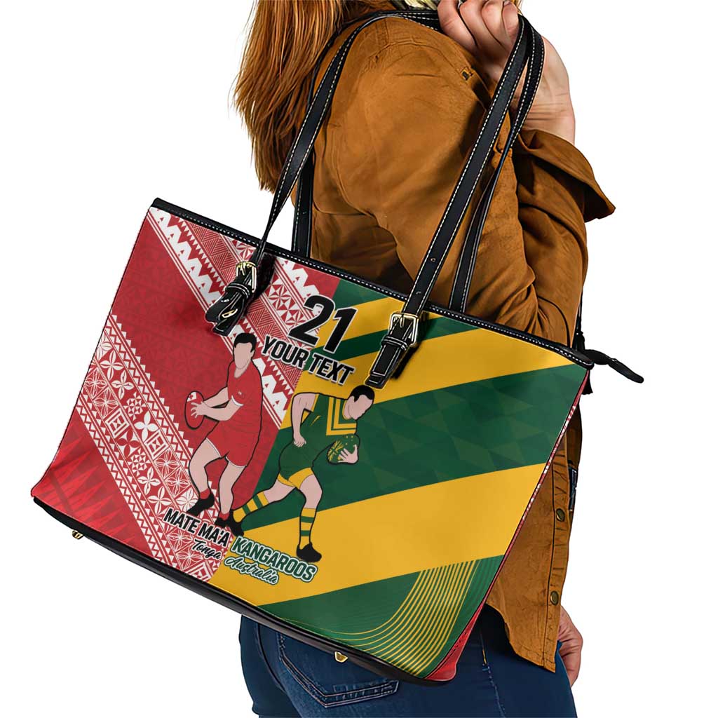 Australia-Tonga Rugby Pacific Custom Leather Tote Bag The Kangaroos and Mate Ma'a Tonga LT9 - Polynesian Pride
