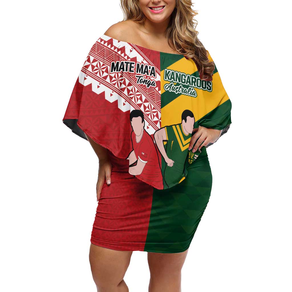 Australia-Tonga Rugby Pacific Custom Off Shoulder Short Dress The Kangaroos and Mate Ma'a Tonga