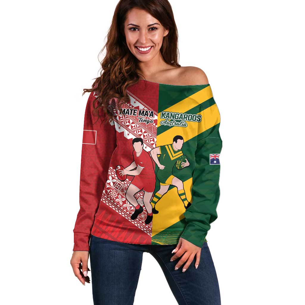 Australia-Tonga Rugby Pacific Custom Off Shoulder Sweater The Kangaroos and Mate Ma'a Tonga