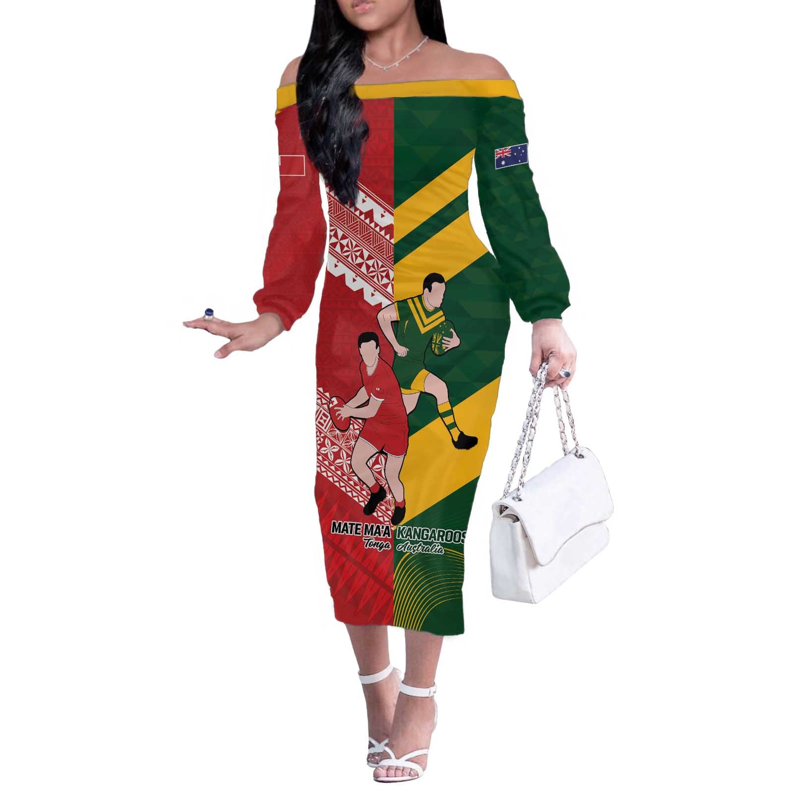 Australia-Tonga Rugby Pacific Custom Off The Shoulder Long Sleeve Dress The Kangaroos and Mate Ma'a Tonga