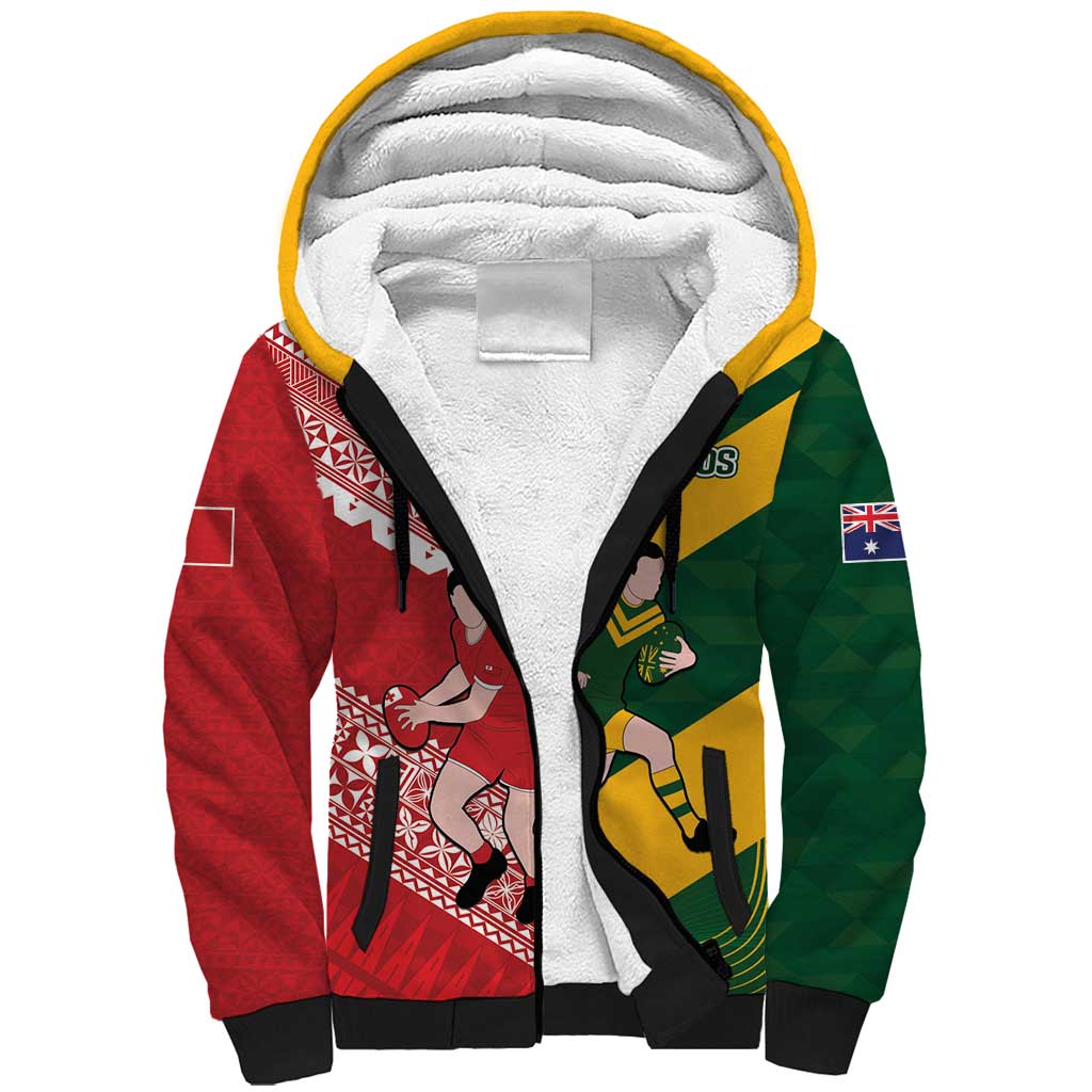 Australia-Tonga Rugby Pacific Custom Sherpa Hoodie The Kangaroos and Mate Ma'a Tonga LT9 Unisex Red-Green - Polynesian Pride