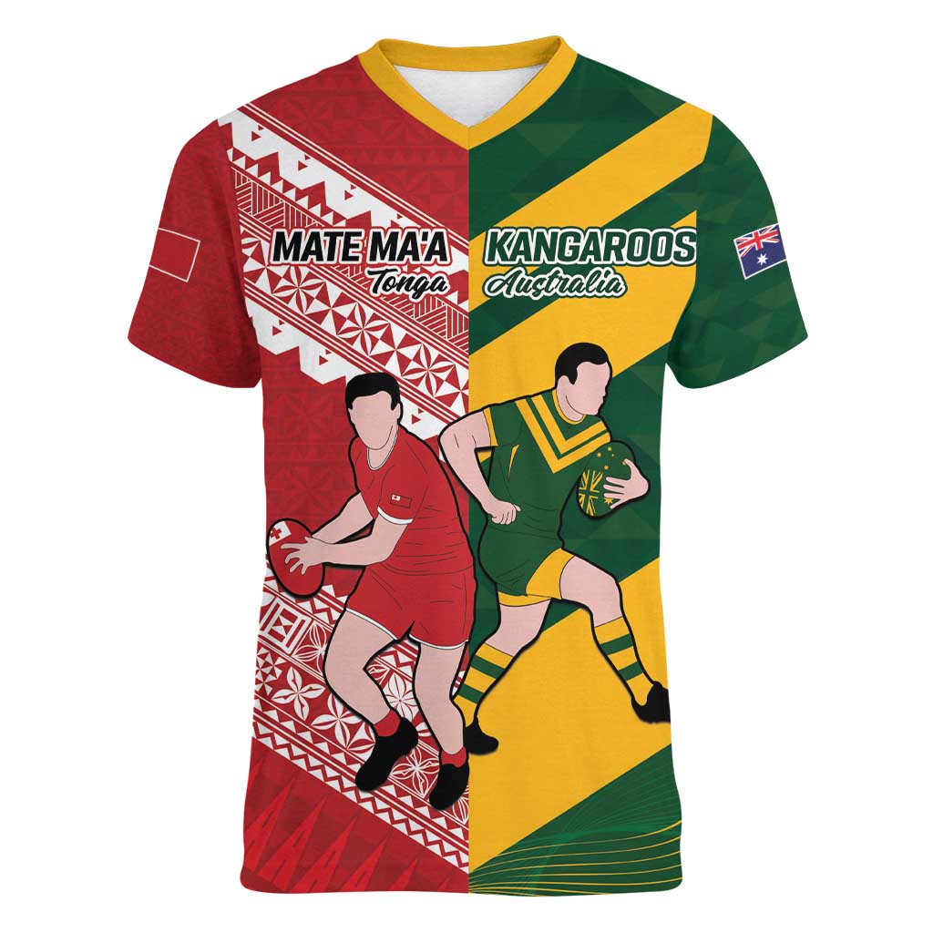 Australia-Tonga Rugby Pacific Custom Women V-Neck T-Shirt The Kangaroos and Mate Ma'a Tonga LT9 Female Red-Green - Polynesian Pride