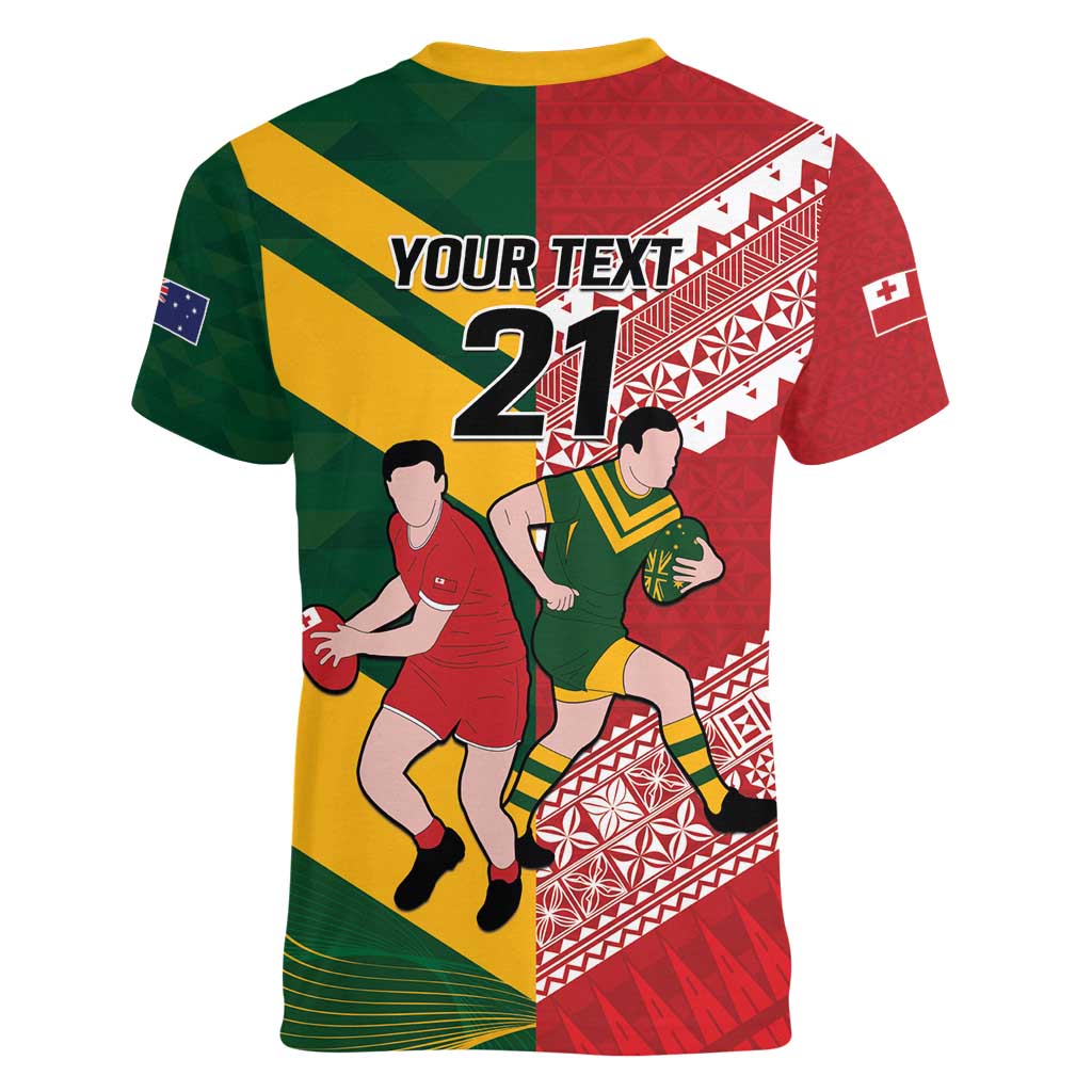 Australia-Tonga Rugby Pacific Custom Women V-Neck T-Shirt The Kangaroos and Mate Ma'a Tonga LT9 - Polynesian Pride