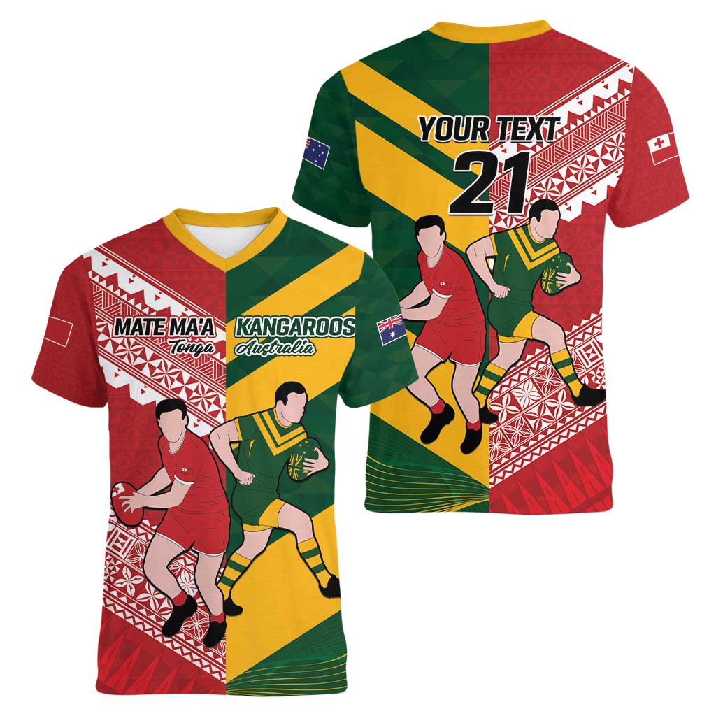 Australia-Tonga Rugby Pacific Custom Women V-Neck T-Shirt The Kangaroos and Mate Ma'a Tonga LT9 - Polynesian Pride