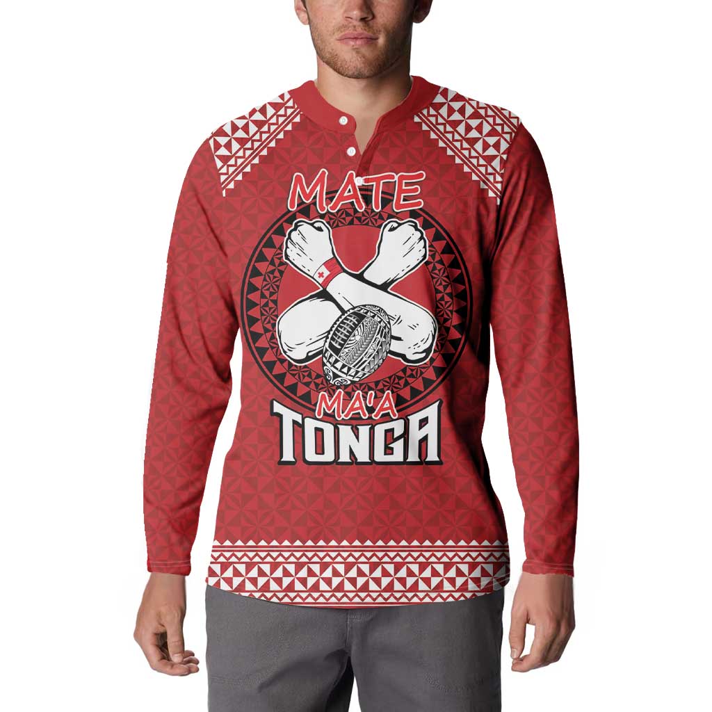Tonga Rugby XIII Custom Button Sweatshirt Mate Ma'a Tonga with Ngatu Pattern