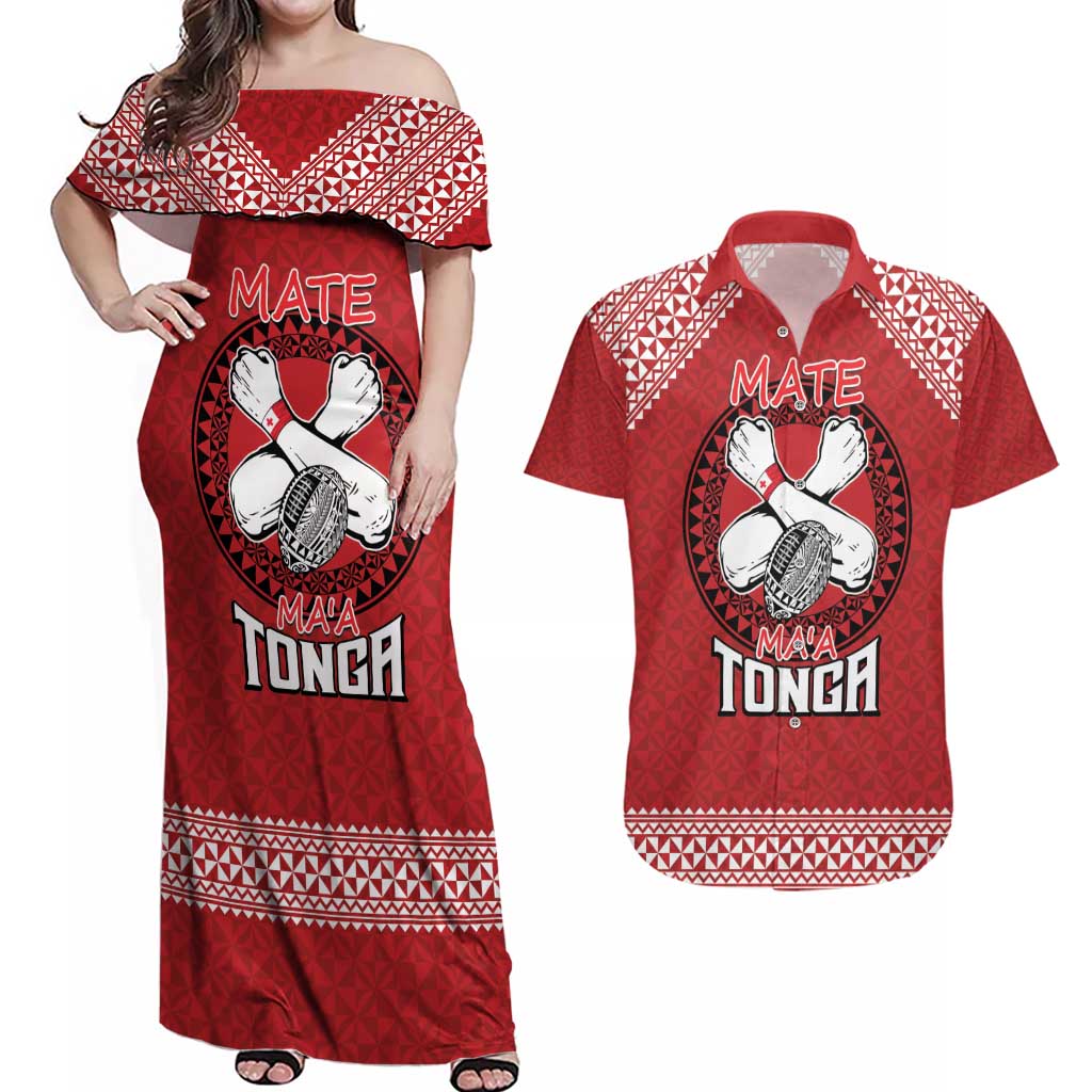 Tonga Rugby XIII Custom Couples Matching Off Shoulder Maxi Dress and Hawaiian Shirt Mate Ma'a Tonga with Ngatu Pattern LT9 Red - Polynesian Pride