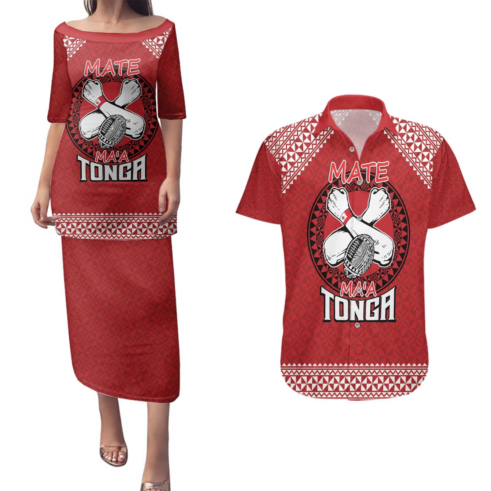 Tonga Rugby XIII Custom Couples Matching Puletasi and Hawaiian Shirt Mate Ma'a Tonga with Ngatu Pattern