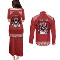 Tonga Rugby XIII Custom Couples Matching Puletasi and Long Sleeve Button Shirt Mate Ma'a Tonga with Ngatu Pattern