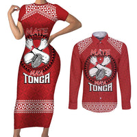 Tonga Rugby XIII Custom Couples Matching Short Sleeve Bodycon Dress and Long Sleeve Button Shirt Mate Ma'a Tonga with Ngatu Pattern