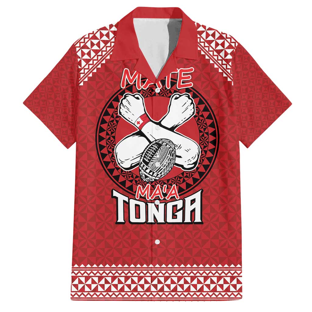Tonga Rugby XIII Custom Family Matching Puletasi and Hawaiian Shirt Mate Ma'a Tonga with Ngatu Pattern LT9 Dad's Shirt - Short Sleeve Red - Polynesian Pride
