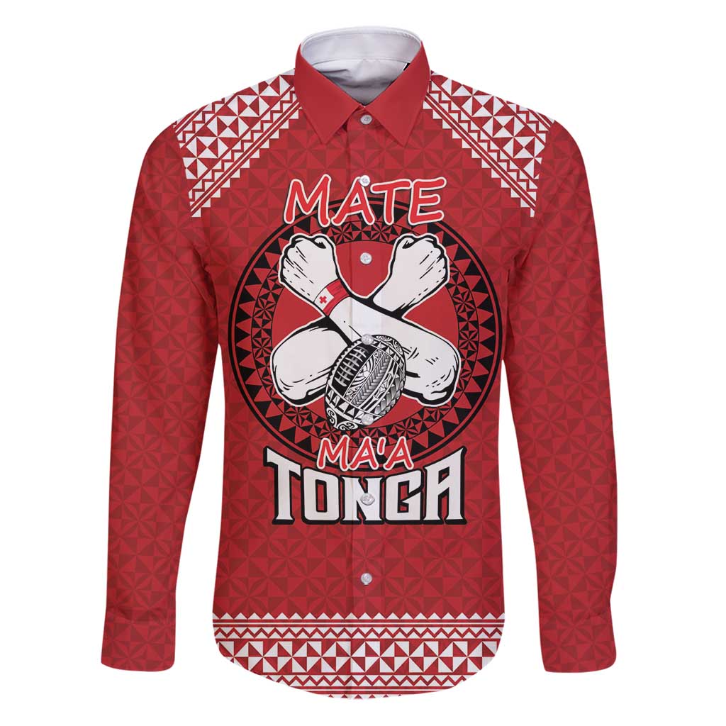 Tonga Rugby XIII Custom Family Matching Puletasi and Hawaiian Shirt Mate Ma'a Tonga with Ngatu Pattern LT9 Dad's Shirt - Long Sleeve Red - Polynesian Pride