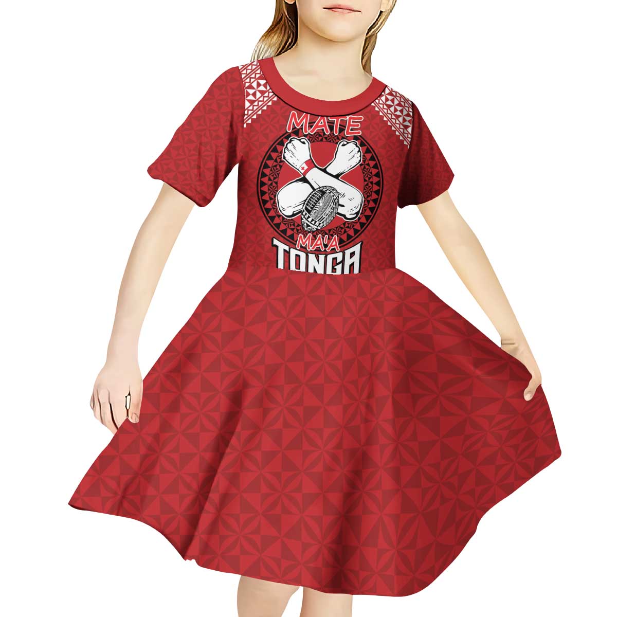 Tonga Rugby XIII Custom Kid Short Sleeve Dress Mate Ma'a Tonga with Ngatu Pattern