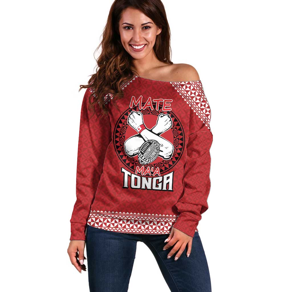 Tonga Rugby XIII Custom Off Shoulder Sweater Mate Ma'a Tonga with Ngatu Pattern