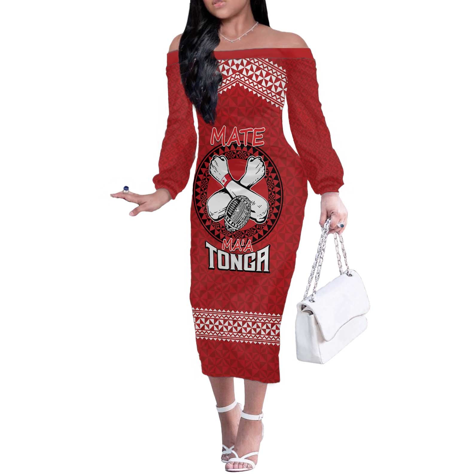 Tonga Rugby XIII Custom Off The Shoulder Long Sleeve Dress Mate Ma'a Tonga with Ngatu Pattern