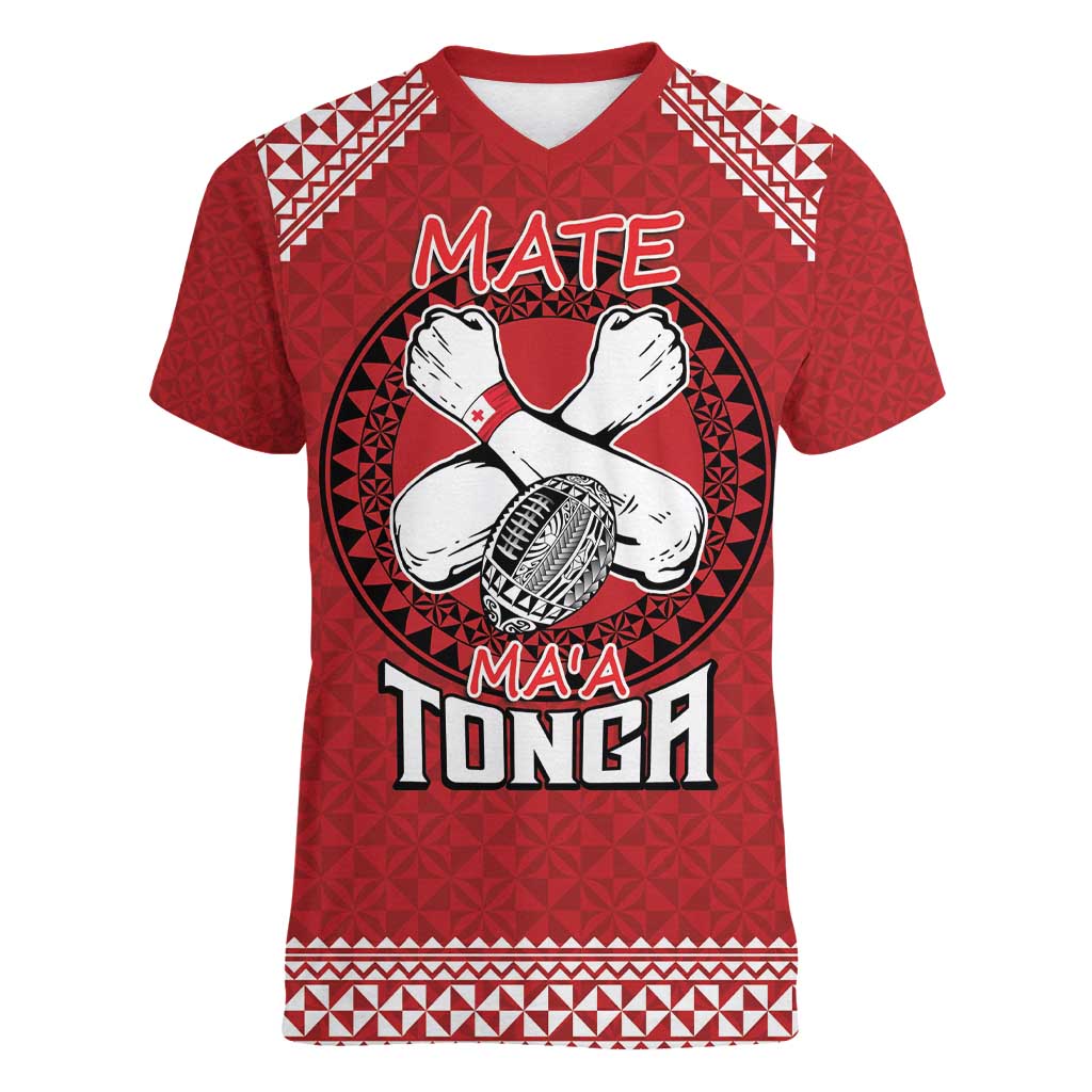 Tonga Rugby XIII Custom Women V-Neck T-Shirt Mate Ma'a Tonga with Ngatu Pattern LT9 Female Red - Polynesian Pride