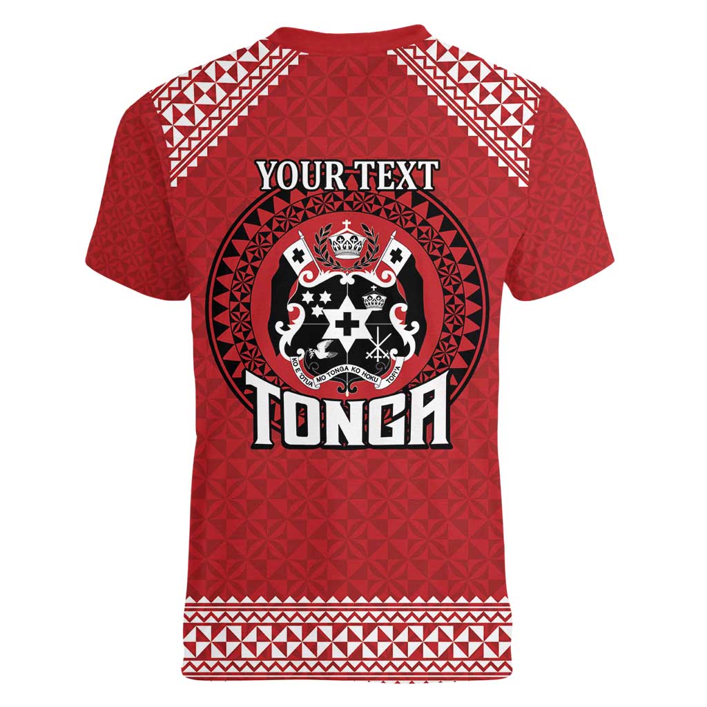 Tonga Rugby XIII Custom Women V-Neck T-Shirt Mate Ma'a Tonga with Ngatu Pattern LT9 - Polynesian Pride