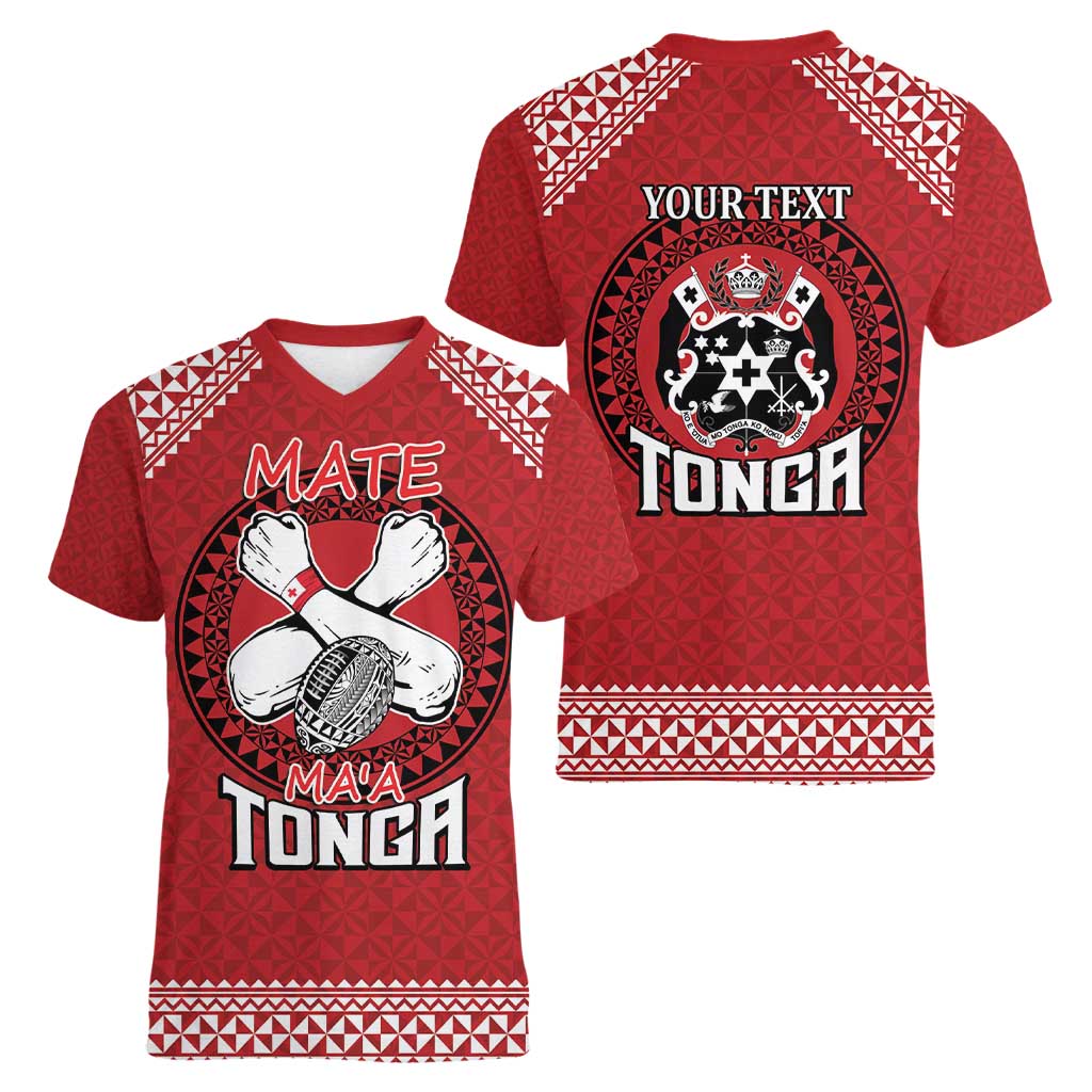 Tonga Rugby XIII Custom Women V-Neck T-Shirt Mate Ma'a Tonga with Ngatu Pattern LT9 - Polynesian Pride