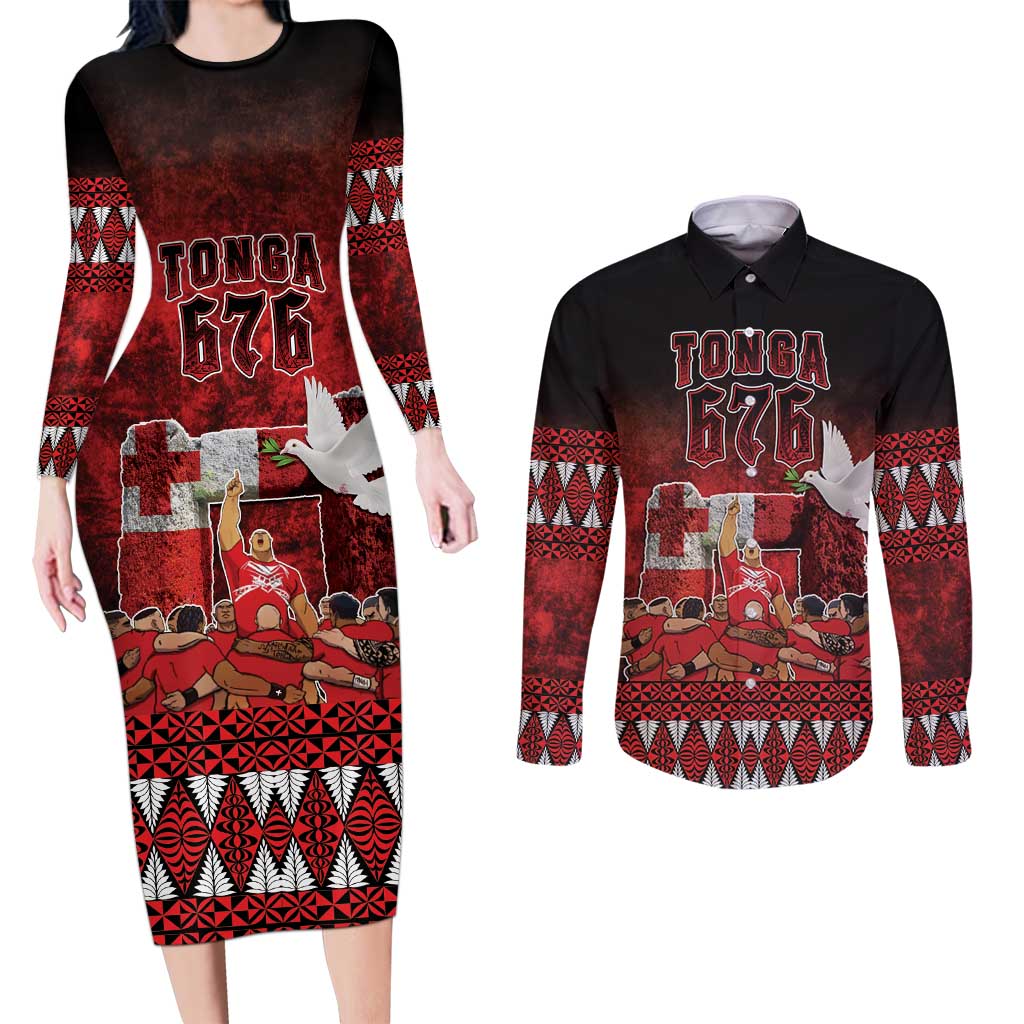 Custom Tonga 676 Haʻamonga ʻa Maui Couples Matching Long Sleeve Bodycon Dress and Long Sleeve Button Shirt Tongan Sipi Tau Unique Dance