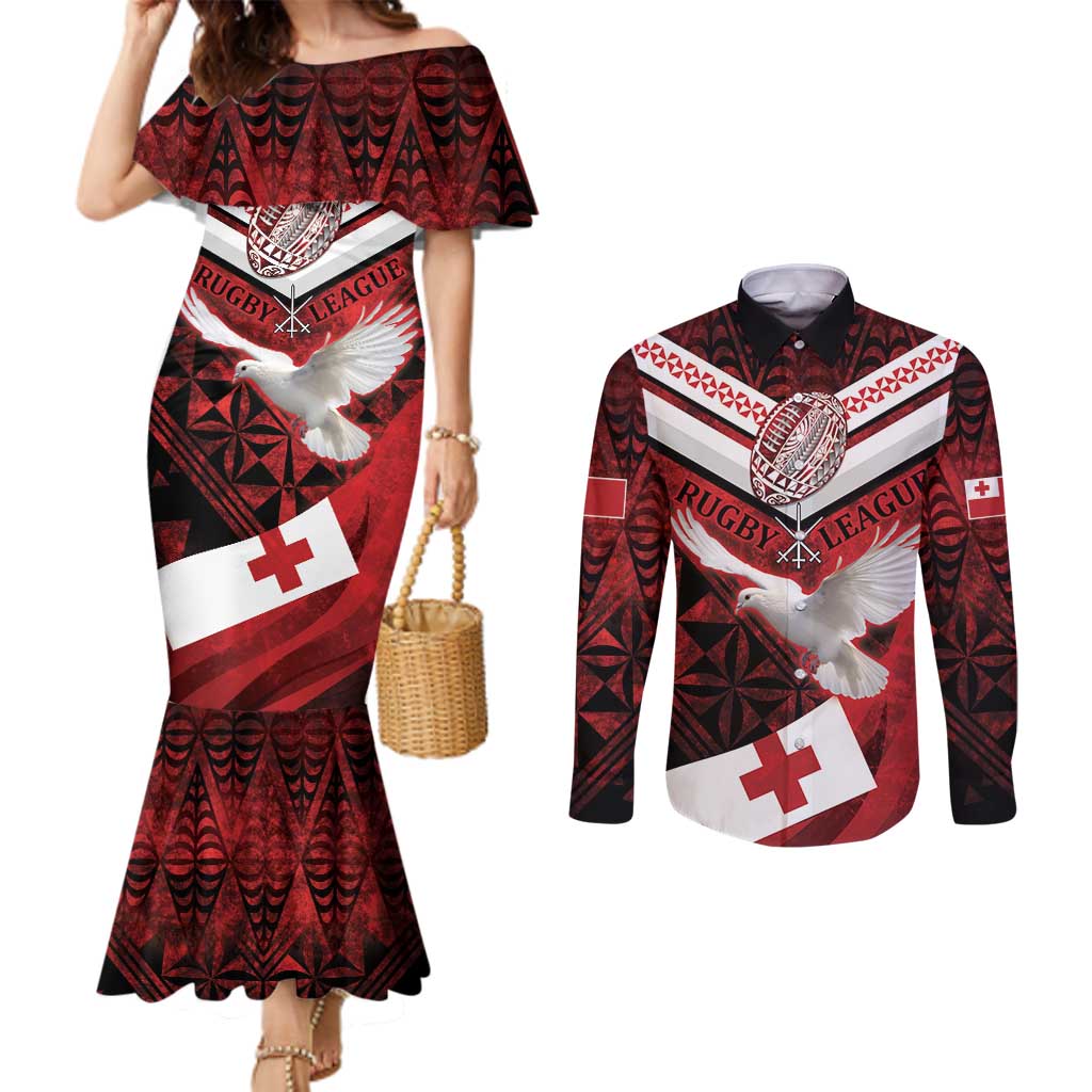 Custom Tonga XIII Rugby Tribal Tattoo Couples Matching Mermaid Dress and Long Sleeve Button Shirt Mate Ma'a Tonga Kupesi Ngatu Grunge Style