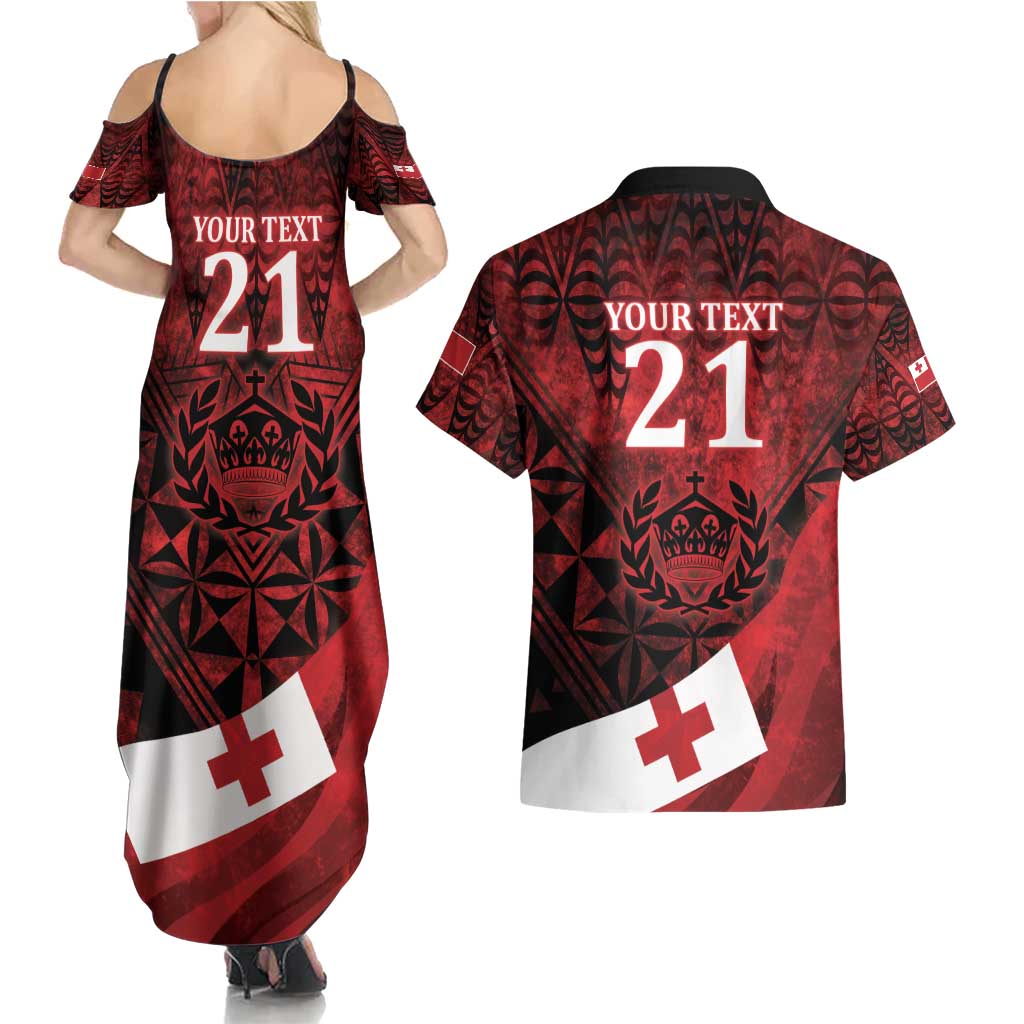Custom Tonga XIII Rugby Tribal Tattoo Couples Matching Summer Maxi Dress and Hawaiian Shirt Mate Ma'a Tonga Kupesi Ngatu Grunge Style