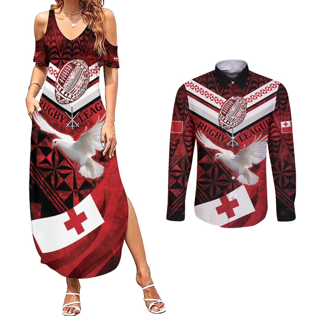 Custom Tonga XIII Rugby Tribal Tattoo Couples Matching Summer Maxi Dress and Long Sleeve Button Shirt Mate Ma'a Tonga Kupesi Ngatu Grunge Style